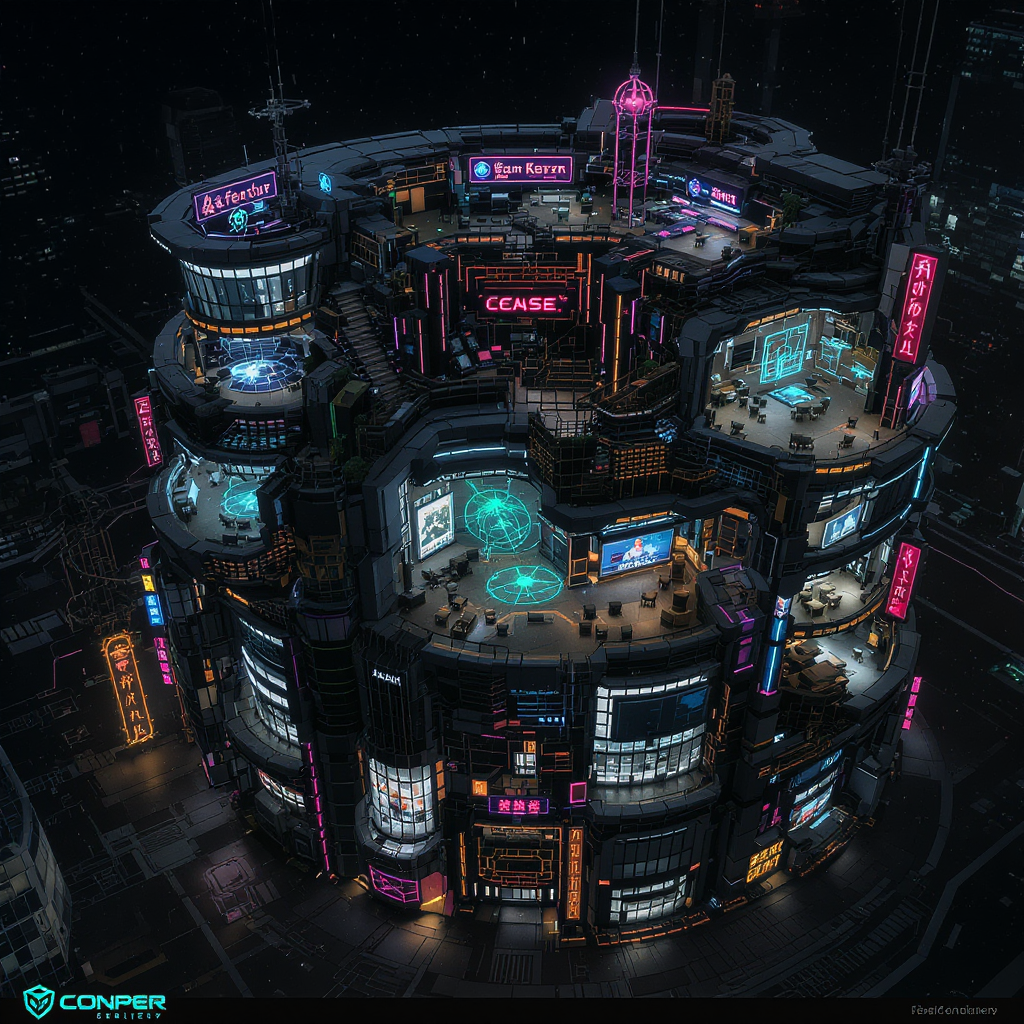 Futuristic sci-fi map with space stations and high-tech environments